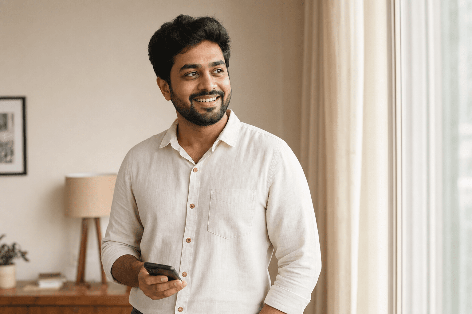Insurance advisor offering free consultation via smartphone in warm natural light