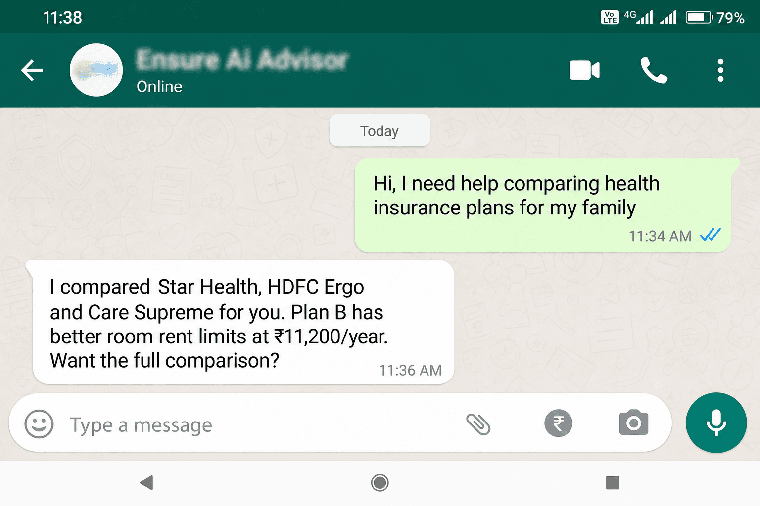 Phone showing side-by-side insurance plan comparison in a consultation chat